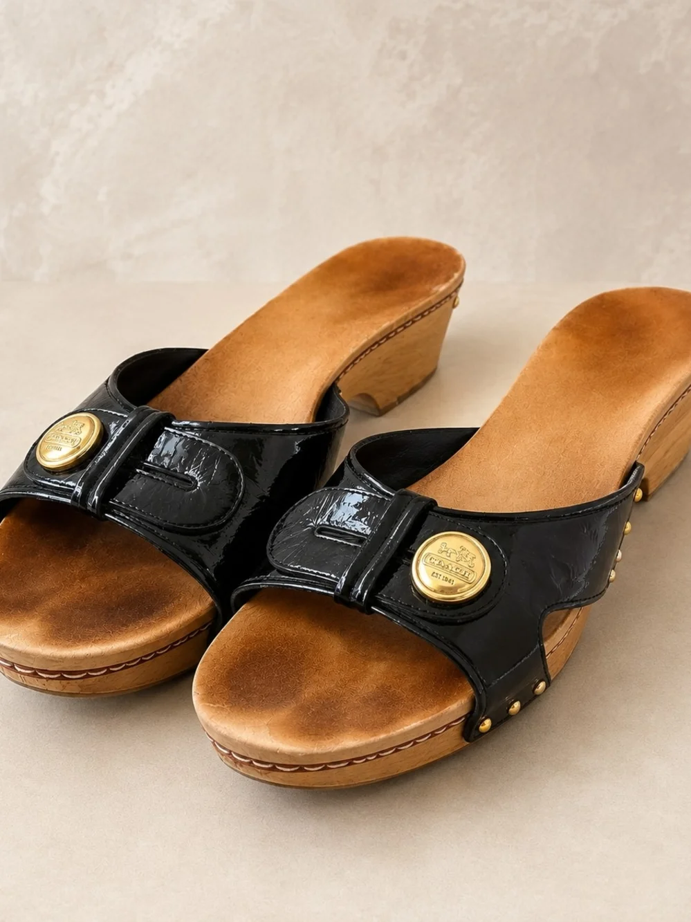 Coach Black Patent Leather Clog Mules with Gold Medallion 7.5B